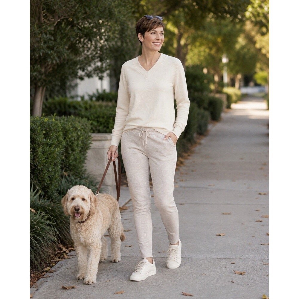 Felina Cream Ribbed V Neck Pullover XL Clean Girl Cozy Lounge